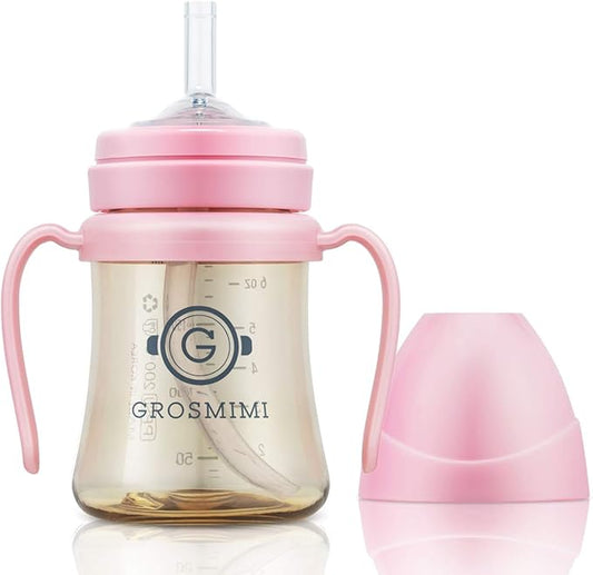 GROSMIMI Spill Proof no Spill Magic Sippy Cup with Straw with Handle for Baby and Toddlers, Customizable, PPSU, BPA Free 6 oz (Pink)