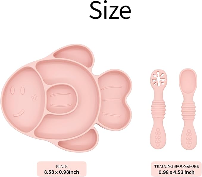 BabyX Baby Silicone Feeder Set, 3-pcs Pink-Fish-themed Baby Plate with Suction, Spoon and Fork for Babies Toddler Kids, BPA-Free, Baby Utensils Feeding Supplies, Microwave and Dishwasher Safe