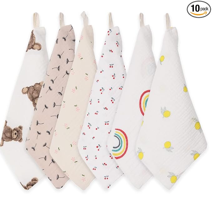Baby Msulin Washcloths Newborn Face Towel - Baby Muslin Burp Cloths 6Pack Soft Absorbent Natural Cotton Wash Towel 10"X10" Baby Bath Towels Wipes Baby Registry as Shower