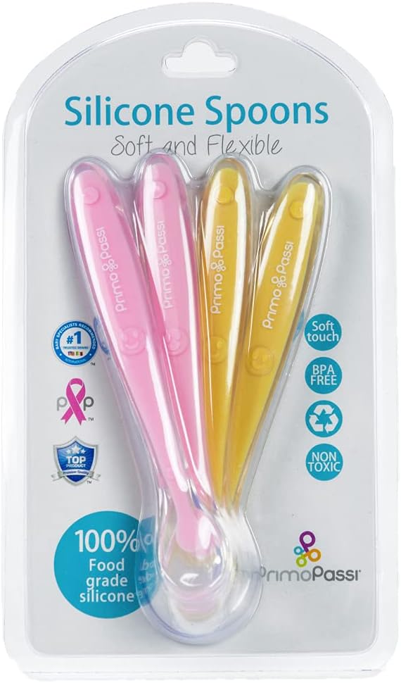 Primo Passi - Baby Infant Toddler Best Soft - Tip Silicone Feeding Spoons I First Stage Training I Gum Friendly 4 Pack Gift Set I Gift Idea for Girls and Boys I BPA Free Baby Utensils - (Girl&Yellow)