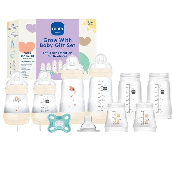 MAM Grow with Baby Anti-Colic Bottle Set – 4 Easy Start Bottles (5oz & 9oz) with Trainer Handles & Spout, Comfort Newborn Pacifier, Extra Bottle Bodies & Nipples, Self-Sterilizing Baby Feeding System