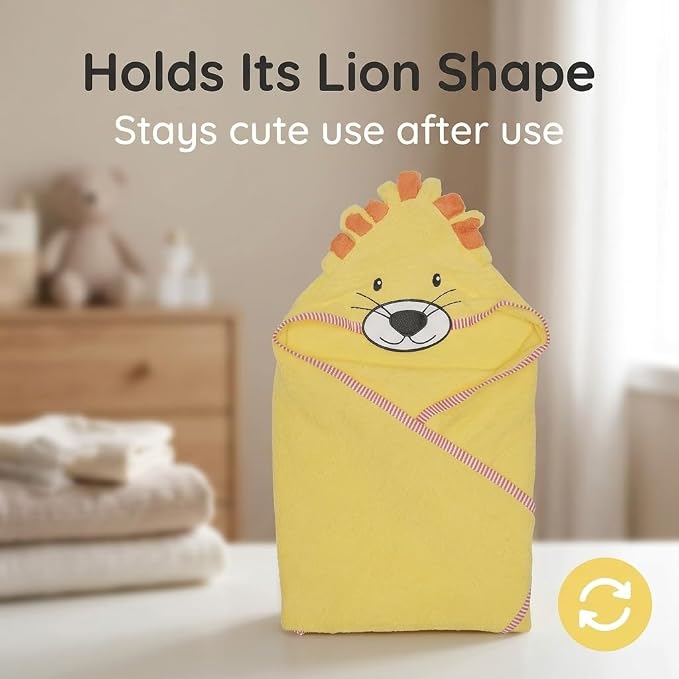 EVERYDAY KIDS Hooded Baby Toddler Bath Towel for Boys and Girls - 3D Yellow Lion with Mane; Soft and Absorbent Terry Cloth Hooded Towel for Young Kids; Gender Neutral Baby Bath Essential