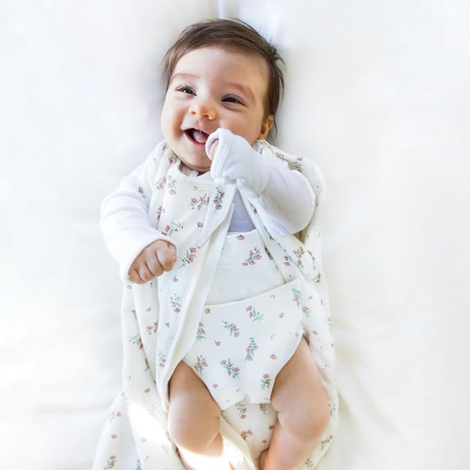Happiest Baby Sleepea Comforter Swaddle - 100% Organic Cotton Baby Swaddle Blanket - Doctor Designed Promotes Healthy Hip Development (Ivory Wildflowers, Small)