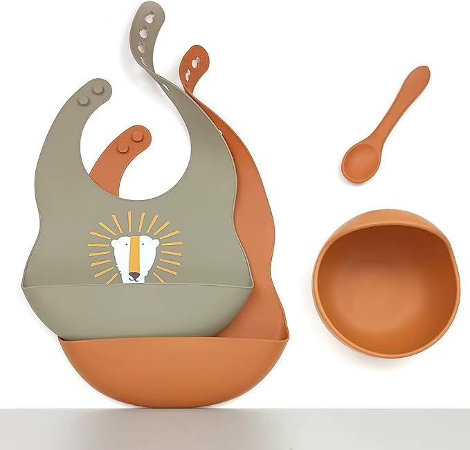 Waterproof Sage lion Bib Toddler Silicone Baby Feeding Set with bowl and spoon