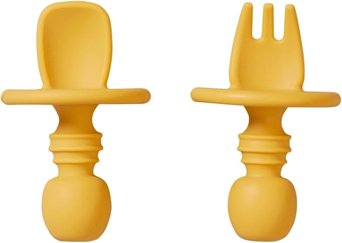 SARO “Nordic” Training Utensil Set: Silicone Ergonomic Spoon & Fork for Baby-Led Weaning & Self-Feeding (Mustard)