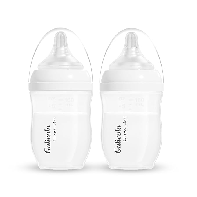 Gulicola Natural PP Baby Breastfeeding Bottles Newborn Set 2 Pack, Slow Flow Nipples, 0 Months +, 5 Oz - White