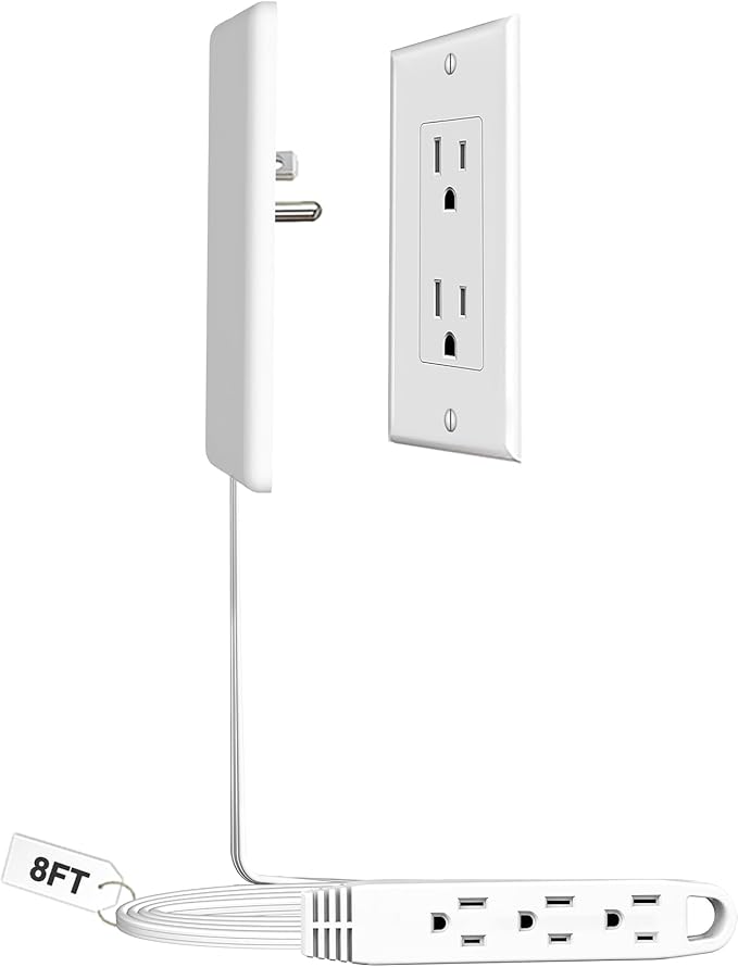 CABOCASA 8FT Ultra Flat Plug Extension Cord Power Strip with 3 Outlets, Patented Detachable Ultra-Thin Outlet Cover Concealer & Ultra-Flat Plug, Max. 13A 125V 1625W ETL Listed, White Color
