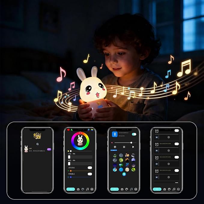 wapentake Cute Bunny Night Light for Kids, 16 Colors Changing Baby Night Light with Bluetooth Speaker & Music, APP Control Rechargeable Nursery Night Light, Smart Alarm Clock Wake Up Light, Lamp Gift