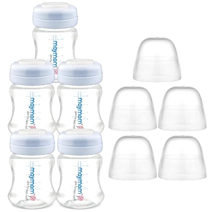 Maymom Wide-Mouth Milk Storage Collection Bottle with Dome Cap, Bottle Top, SureSeal Sealing Disk; Can Replace Spectra S1 S2 Bottles, 5 pc (4.7Oz/140mL)