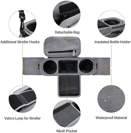 Universal Stroller Organizer with Insulated Cup Holder, Detachable Phone Bag, Shoulder Strap ??Fits All Stroller Types, Keeps Drinks Hot/Cold (Grey)