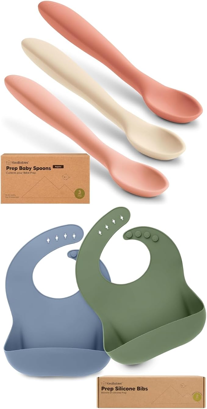 KeaBabies 3-Pack Silicone Baby Spoons and 2-Pack Baby Silicone Bibs - Toddler First Food Training Spoon - Waterproof, Easy Wipe Bib for Boys, Girls, Toddlers