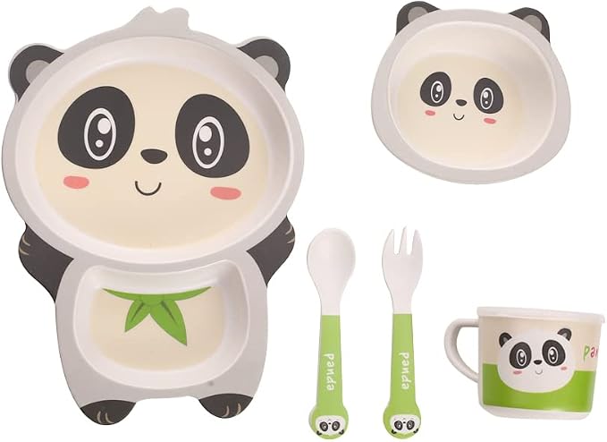 Kids Dinnerware Set Bamboo 5 Pcs with Plate Bowl Cup Fork Spoon (Panda)
