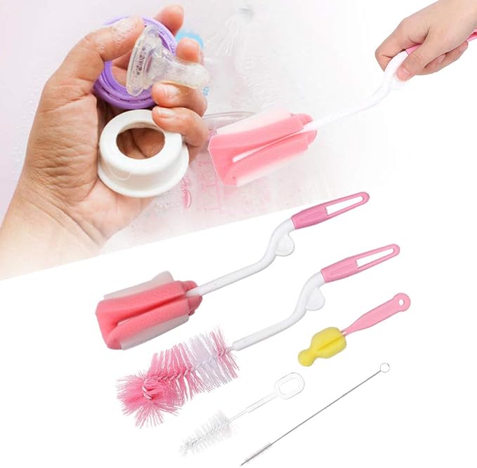 5PCS Baby Bottle Brush Set, Portable Sponge Bottle Brush Travel Kit Baby Children Cleaning Brush Sponge Set for Straw Feeding Bottle