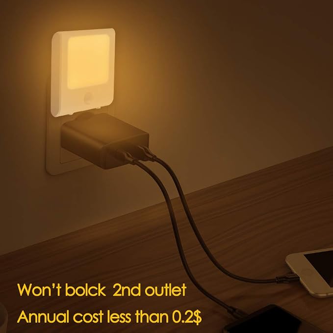 Plug-in Motion Sensor Night Light, Adjustable Brightness Warm White LED Nightlight for Kitchen, Hallway, Stairway, Bathroom, Bedroom (2 Pack)