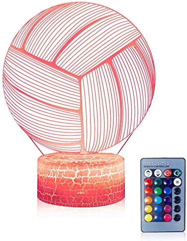Volleyball 3D Illusion Night Light,16 Colors Changing Touch Switch & Remote Control,Acrylic Flat & ABS White Crack Base &USB Cable Table Lamp