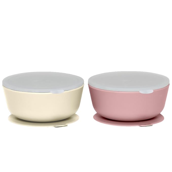 WeeSprout 3 Silicone Baby Spoons & 2 Bowls with Lids Bundle - Soft-Tip, Bendable Feeding Utensils - Durable, Travel-Friendly, Dishwasher Safe - Beige & Purple