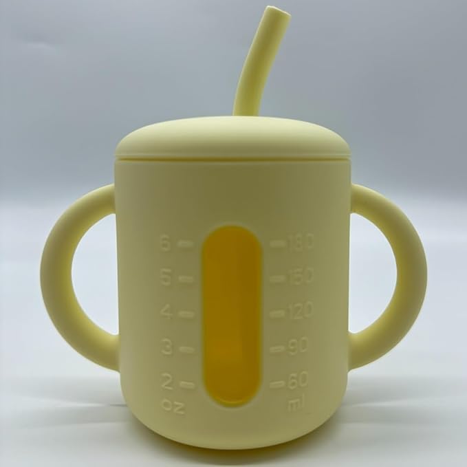 Silicone Straw Cup For Toddlers - Sippy Cup For 6 Month Old - Baby Straw Sippy Cup And Extra Snack Lid - Infant Training cups (Yellow)