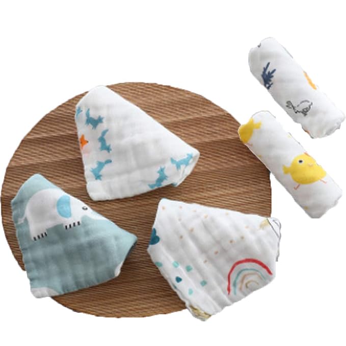 6 Layers of Baby Washcloths Natural Muslin Cotton with Cartoon Printed Design, Newborn Baby Face Towel Perfect Gifts Set of 6, Extra Soft, Breathable, 10x10 Inches (Gift Boxes)