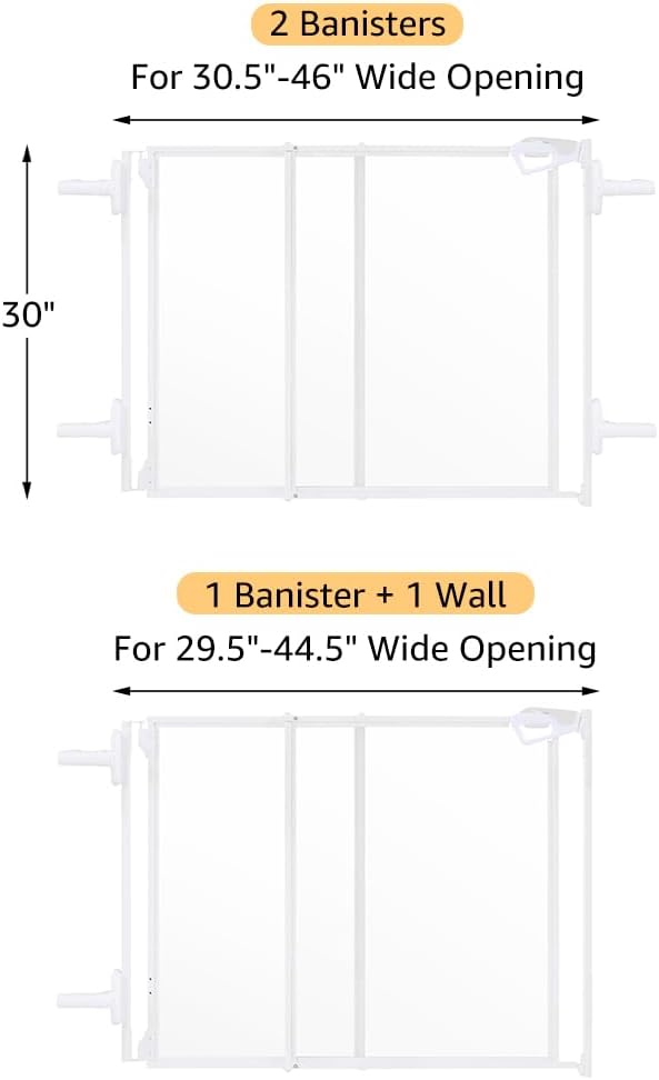 beeNbkks Clear Dog Gate for Stairs, No Bottom Bar 30" Tall Pet Barrier with 4 Banister Adapters, Fits 1.5"-3.5" Wide Posts, 29.5"-44.5" (1 Rail) or 30.5"-46" (2 Rails) Wide Opening, Indoor Outdoor Use