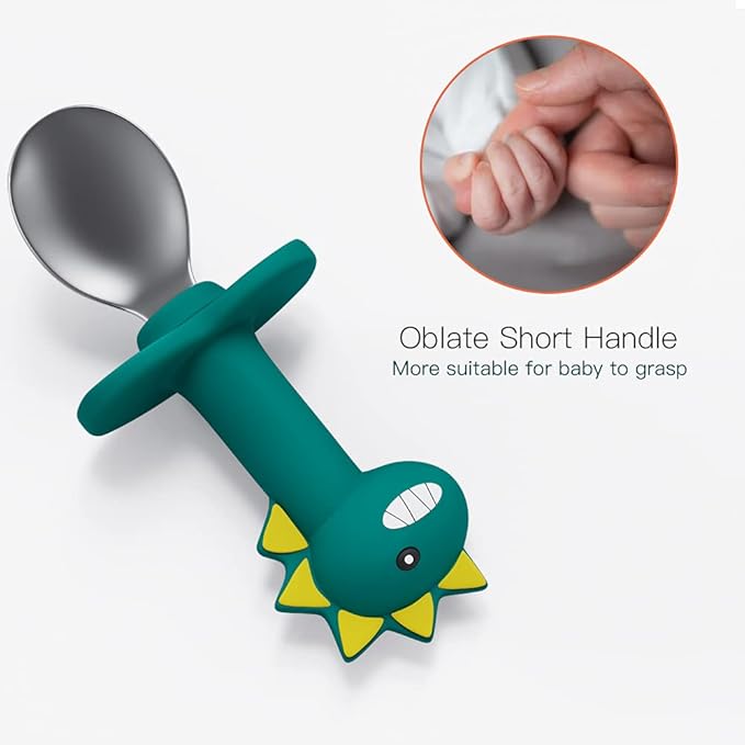Toddler Utensils Stainless Steel Forks and Spoons Safe Children's Cutlery Set Handle Cartoon Cute for Baby (Green Dinosaur - Short)