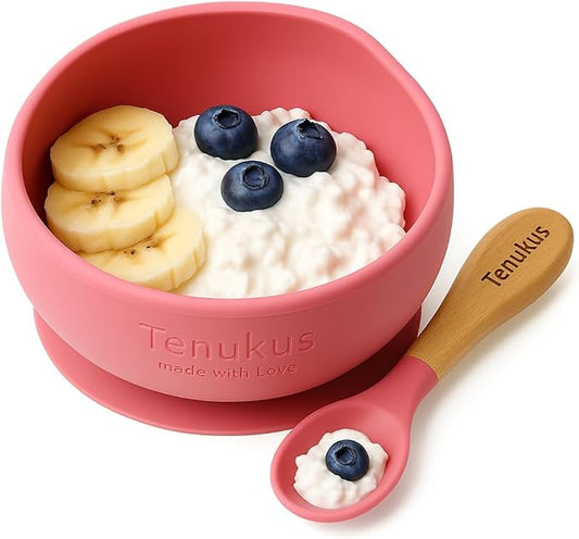 Silicone Suction Baby Bowl & Spoon Set – Soft Tip Spoon, BPA-Free, Dishwasher Safe – Rose Pink | Tenukus Feeding Set for Babies & Toddlers