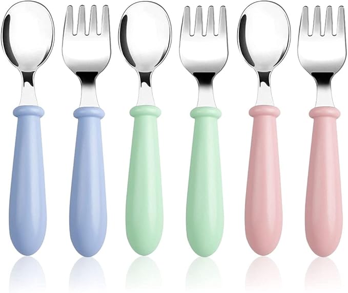 Pimoys 6 Pieces Toddler Utensils Kids Silverware Baby Forks and Spoons Set, Stainless Steel Childrens Safe Flatware Metal Kids Cutlery Set with Round Handle, Dishwasher Safe