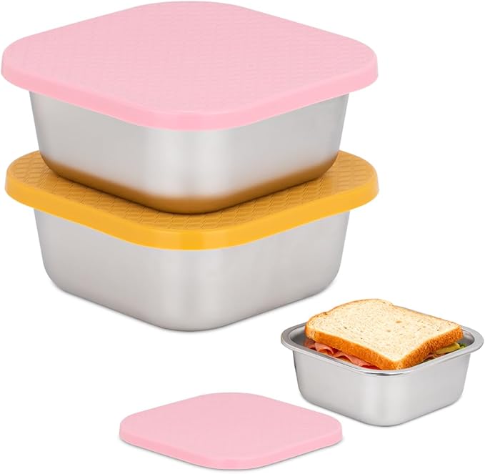 2 Pack Sandwich Containers: 30oz Stainless Steel Lunch Box with Silicone Lids, Meal Prep Container Reusable Metal Sandwiches Food Storage for Kitchen & Office Salad Snacks Fruits (Pink/Yellow)