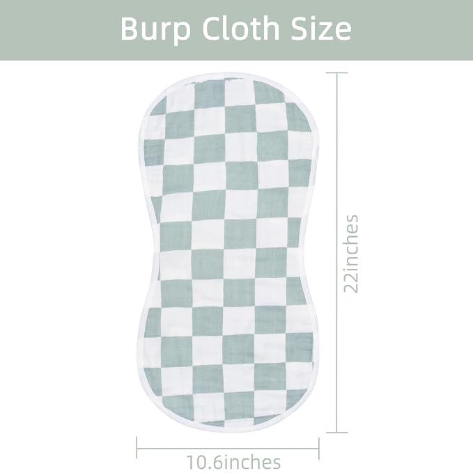 LifeTree Muslin Baby Burp Cloths - 2 Pack 70% Viscose from Bamboo and 30% Cotton Large 22'' by 10.6'' Absorbent Milk Spit Up Rags - Burping Cloths for Newborn, Girls Boys, Mushroom and Green Checkered