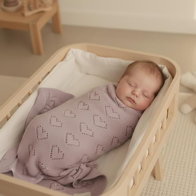 Heirloom Heart Knit Baby Blanket for Girls 100% Cotton Knit Swaddling Baby Blanket - Soft Warm Cozy Swaddle Receiving Cuddle Stroller Blanket for Newborns, Infants, & Toddlers (Lavender)
