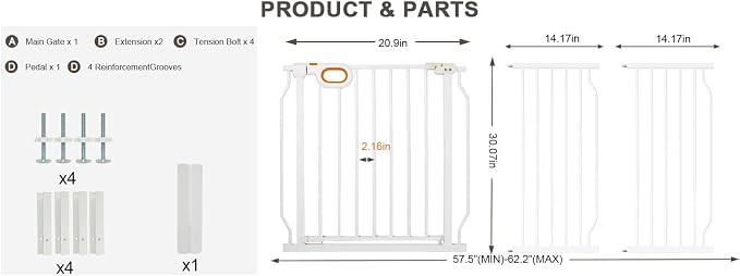 Baby Gates Extra Wide for Doorways 57.5-62.2 Inch Extra Wide Pressure Mounted Baby Dog Gate for the House Indoor Large Openning Metal Safety Gate No Drilling with Walk-Through Door,White
