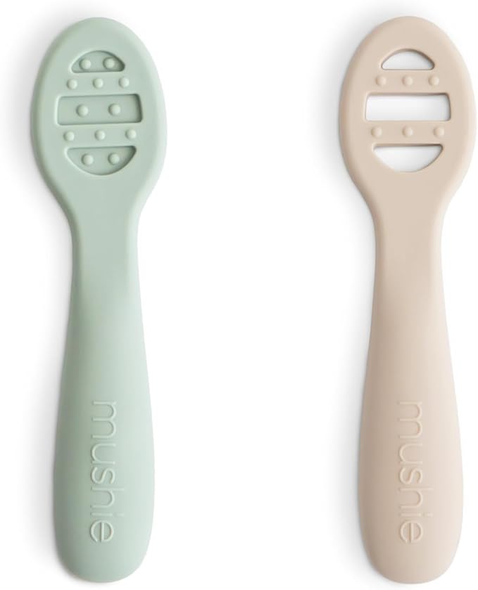 mushie Silicone First Feeding Baby Spoons | 2 Pack (Cambridge Blue/Shifting Sand)
