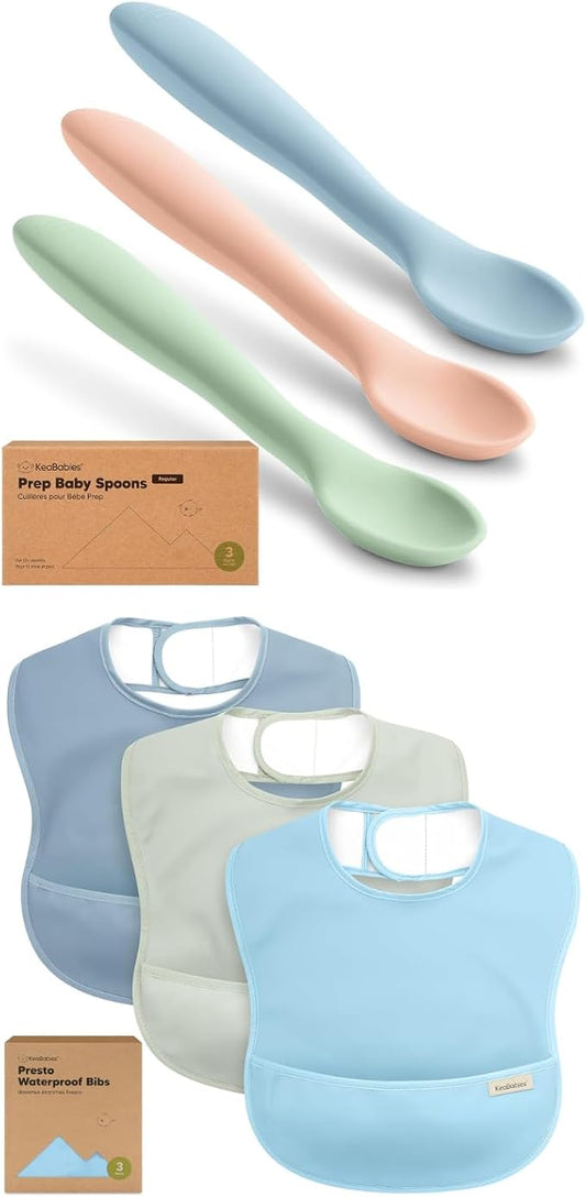 KeaBabies 3-Pack Silicone Baby Spoons and 3-Pack Waterproof Baby Bibs for Eating - Toddler First Food Training Spoon - Lightweight Boys & Girls Bib with Food Catcher