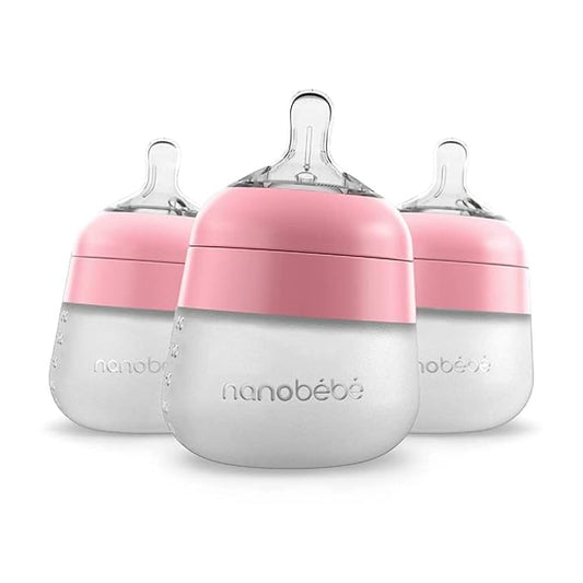 Nanobebe Flexy Silicone Baby Bottle, Anti-Colic, Natural Feel, Non-Collapsing Nipple, Non-Tip Stable Base, Easy to Clean 3-Pack, Pink, 5 oz