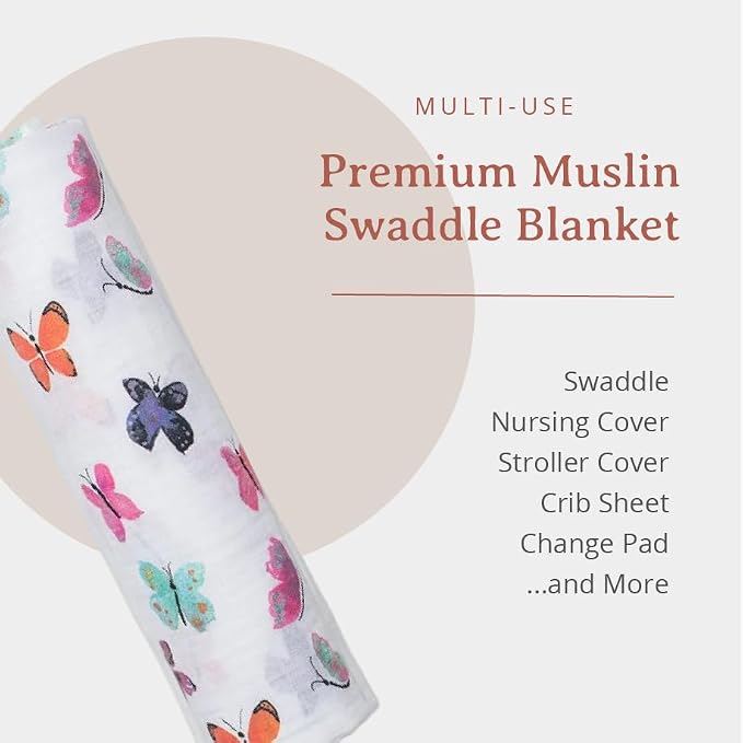 Lulujo Baby Swaddle Blanket| Unisex Softest 100% Cotton Muslin Swaddle Blanket| Neutral Receiving Blanket for Girls & Boys | 47in x 47in Butterfly