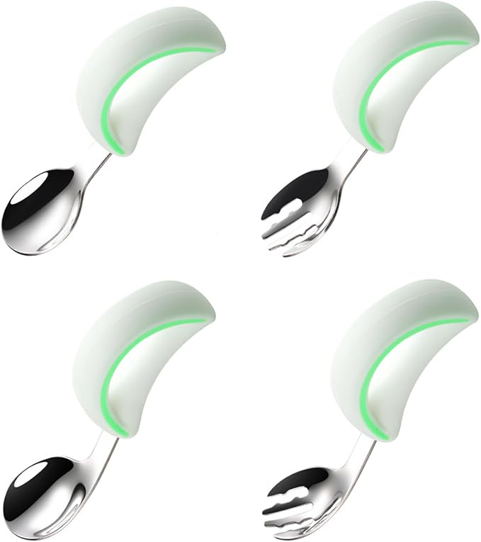【BPA Free】Baby Spoons and Forks Set with case, 6M+,2 Style in 4 Pack, (Green)