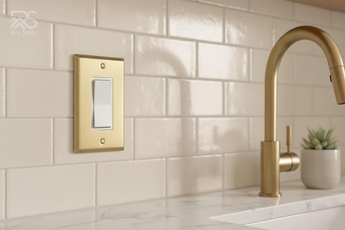 Rio Salto BRASS Signature Collection Brushed Brass Gold Metal Outlet Cover, Decorative Light Switch Cover Plate Wall Plate, Premium, Rocker 1-Gang, 2.75" X 4.50" Standard Size, 5-Pack