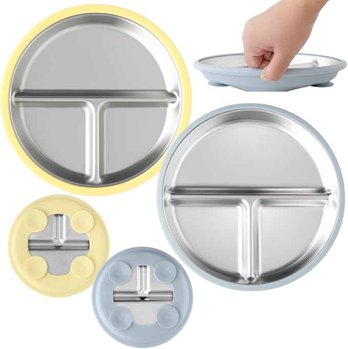 Stainless Steel Baby & Toddler Plate with Suction, Set of 2 Divided Plates with Removable Silicone Sleeves, Non Toxic BPA Free Non-Slip Unbreakable Kids Dishes (Butter Yellow & Baby Blue)