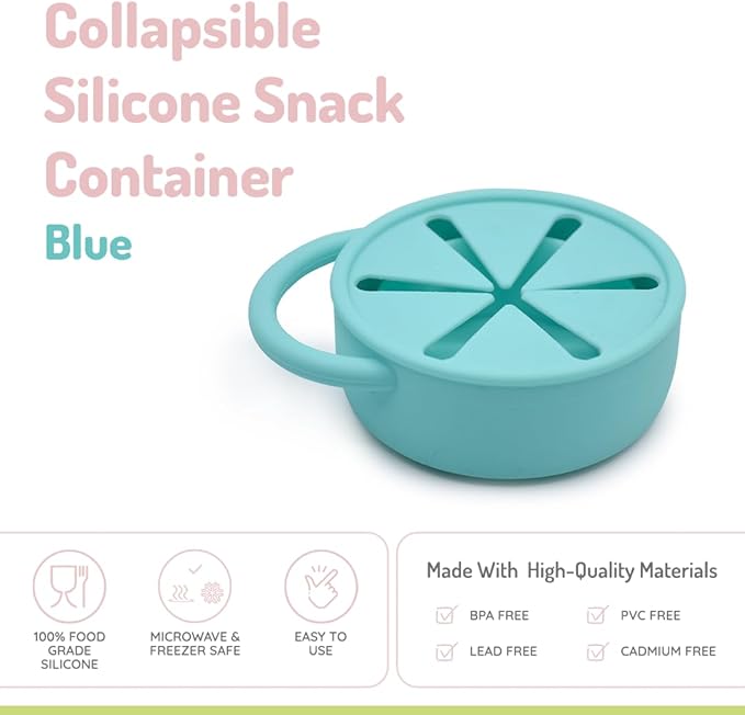 melii 100% Silicone Collapsible Snack Container With Finger Trap, Perfect for on the Go, Easy to Open Lid, Dishwasher, Microwave, Freezer Safe, BPA Free - Blue