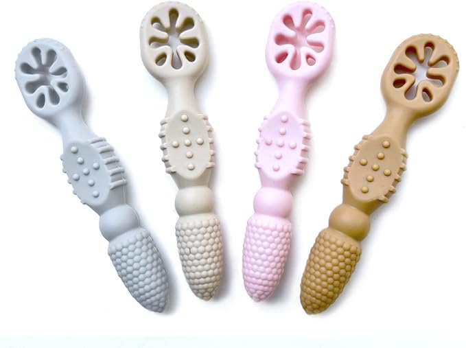 Baby's First Spoon | Self-Feeding Spoon | Toddler Utensil | BPA-Free Silicone 4-Pack (Natural Rose)