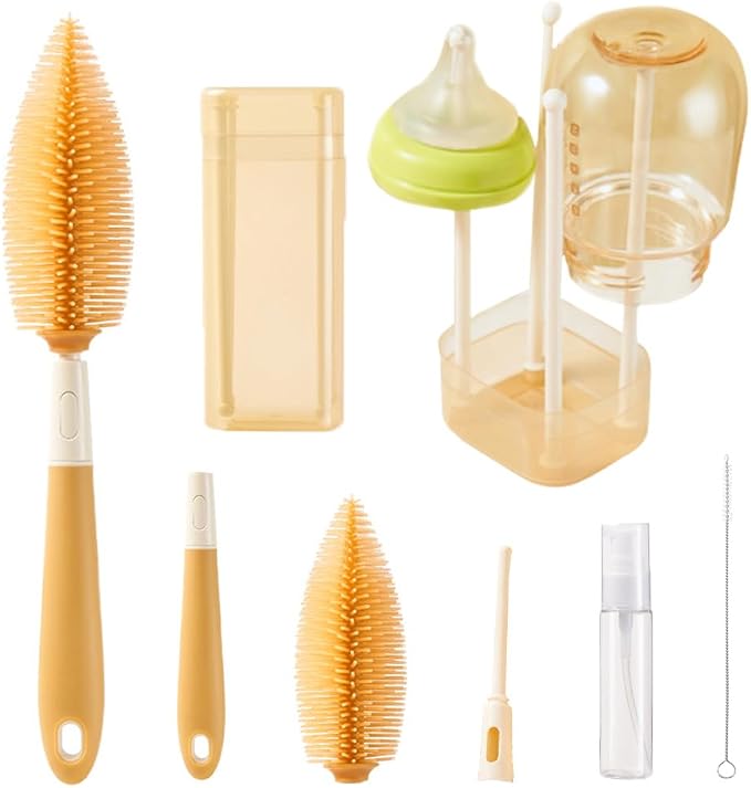 Baby Bottle Brush -YIMIKE Travel Baby Bottle Brush Cleaner Set with Silicone Nipple & Bottle Brush,Straw Brush,Soap Dispenser and Rack - Water Bottles Cleaning Too
