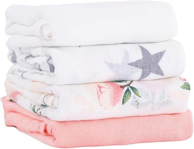 Muslin Swaddle Blankets for Baby Boys and Girls, 4-Pack Breathable and Skin-Friendly Receiving Blanket Wrap, Baby Essentials, Registry & Gift, 47 x 47 inches (Rosy Contrast)