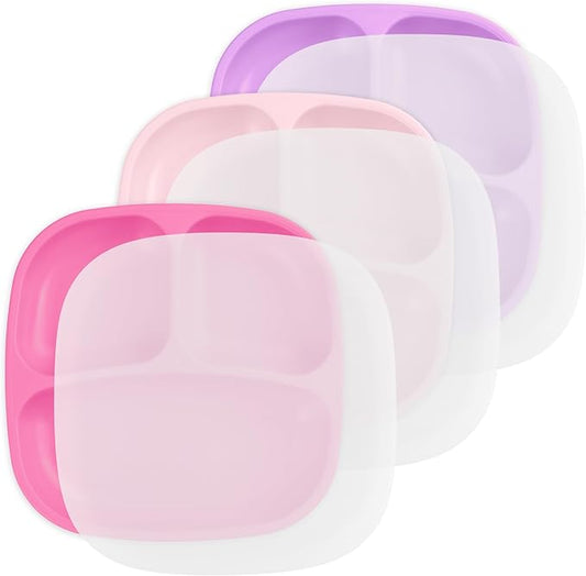 Re-Play Toddler Plates with Dividers - Deep-Walled 3 Compartments Divided Plates for Kids with 3 Lids - Dishwasher & Microwave Safe - Made in USA - Set of 3-7.37" x 7.37" x 1.25" - Princess