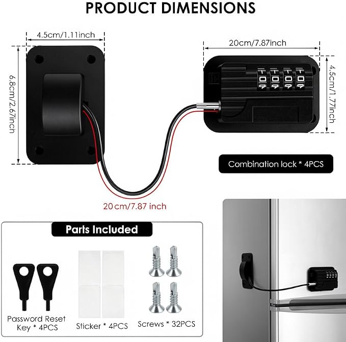 4 Pack Refrigerator Lock, Heavy Duty Fridge Lock with 4-Digit Code, Drill-Free Safety Freezer Combination Lock for Refrigerators, Drawers, Cabinets, Windows, No Key Needed, Easy Install (Black)