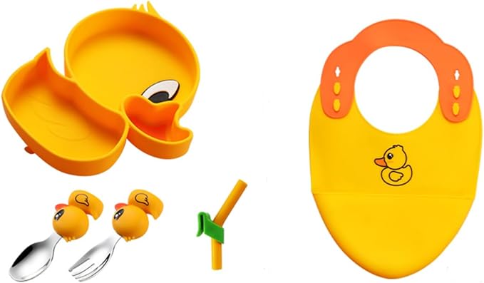 5-Piece Silicone Baby Feeding Set ??Baby Plates with Strong Suction, Toddler Plates Set, Unbreakable Food-Grade Silicone Divided Plate with Spoon, Fork, Bib & Straw Brush