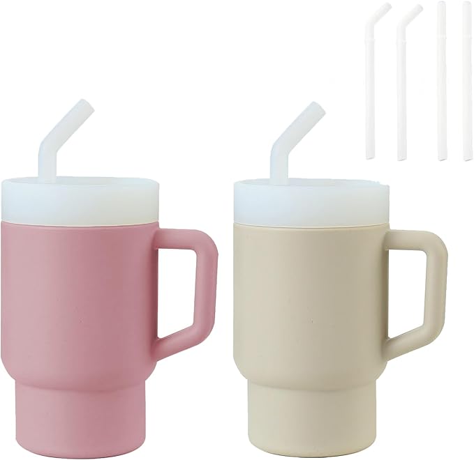 PandaEar 2 Pack Kids Tumbler Silicone Toddler Cup with Straw and Handle, 9.5oz Spill-Proof Training Cup for Baby, BPA-Free, Easy to Clean -Grey/Pink