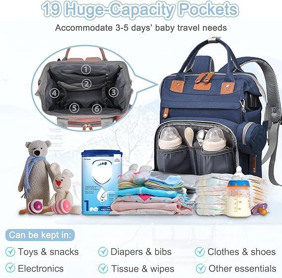 Diaper Bag With Changing Pad, Travel Waterproof Bagpack Diaper Bag For Mom Dad With USB Charging Port, Large Capacity & Multifunctional With Insulated Pacifier Case -Dark Blue