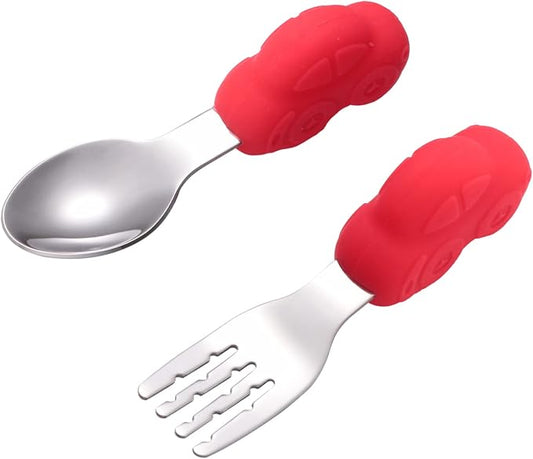 Healifty Training Tableware Stainless Steel Fork and Spoon with Food Grade Silicone Handles Lightweight Utensils for Self Feeding Easy Clean Safe Flatware for Home and Restaurant Use