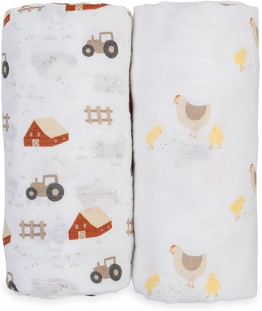 Lulujo Baby Swaddle Blankets | Unisex Softest Breathable Cotton Muslin Swaddle Blanket Set | Neutral Receiving Blanket for Girls & Boys | 40in x 40in | Barn Yard & Rooster | 2-Count