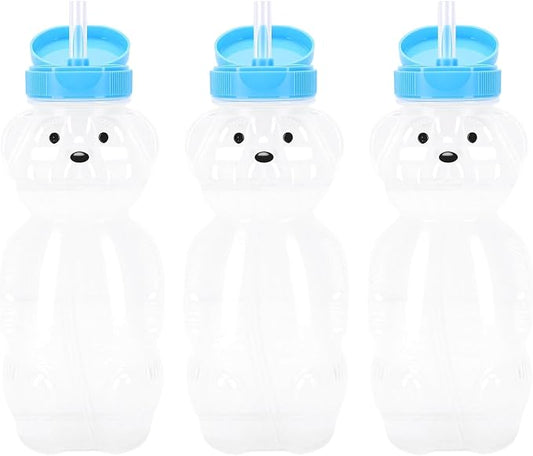 Straw Cup, Juice Bear Bottle Drinking Cup Long Straws, 230ml PE PP Reusable Therapy Sippy Bottles for Speech and Feeding Training, Dishwasher Safe for Milk Fruit Tea (Blue Cap)