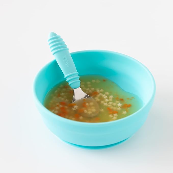 Bumkins Baby Bowl, Silicone Suction, for Babies, Toddlers and Kids, Baby Led Weaning, Feeding Essentials, Platinum Silicone, Non Skid Sticky Bottom, Supplies for Children Ages 6 Months Up, Blue
